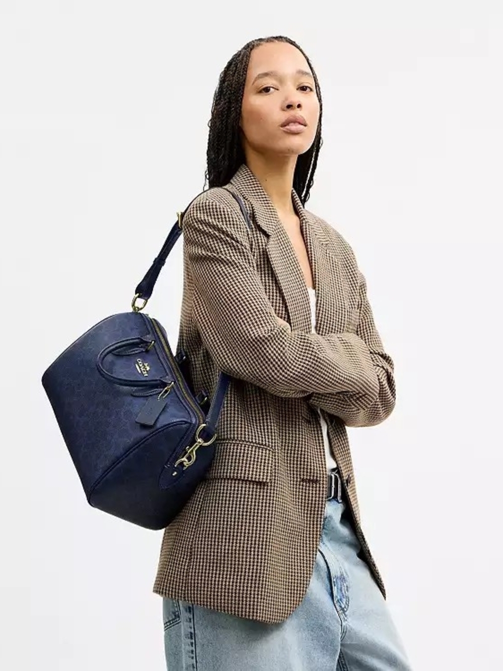 NWT! Coach Rowan Large Satchel In Signature Canvas In Gold/Navy
